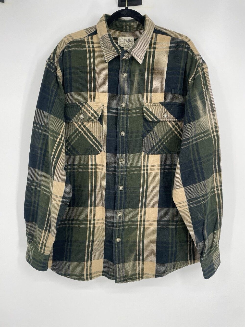 Y2K Cabela’s Mens XL Tall Heavyweight Cotton Flannel Shirt Green Plaid Button Up